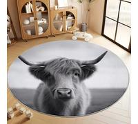 Animal Highland Cow Round Rugs 180 cm Area Rug Washable Moisture Barrier Round Carpet, Black And White Soft Non-Slip Low Pile Circle Carpet - Entryway Office Bedroom Living Room Runner