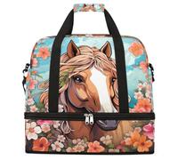 Animal Horse Floral Pattern Foldable Travel Duffel Bag Expandable Gym Bag with Shoe Compartment Large Capacity Weekender Bag Carry On Tote Bag for Travel Sports Overnight Trips