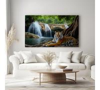 Animal Jungle Waterfall Tiger Canvas Prints Wall Art 100 x 75 cm - Elegant Framed Posters for Home Office Bedroom & Living Room Decorations, Nature Canvas Artwork