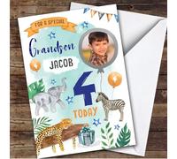 Animal Jungle Wild Photo Grandson 4th Boys Custom Personalised Birthday Card - Personalised Birthday Card For 4th Birthday, Custom Birthday Card