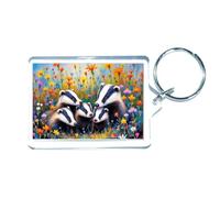 Animal Keyring Gift - Badgers In A Flower Field - Fun Cute Garden Wildlife Novelty Present