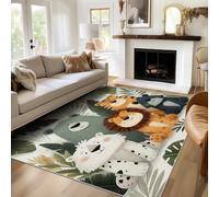 Animal Kids Rug for Living Room Washable, Square Rugs 120 X 120 cm, Lion Tiger Bear Jungle Print Area Rug Bedroom Decor, Non Slip Low Pile Soft Floor Carpet, FD5906