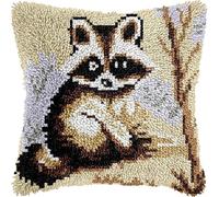 Animal Latch Hook Cushion Kits,Cute Raccoon,Latch Hook Kits for Adults 17x17 Inch,Pre Printed Pillowcase Needlework DIY Beginners Cushion Covers for Home Decor