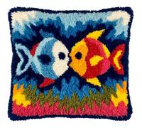 Animal Latch Hook Kit Cushion,Kissing Fish,17X17Inch Pre-Printed DIY Pillow Materials Hooks Knitted Embroidered Pillow Embroidery Latch Hook Carpet for Kids Adults