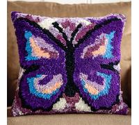 Animal Latch Hook Kit Cushion,Purple Butterfly,17X17Inch Pre-Printed DIY Pillow Materials Hooks Knitted Embroidered Pillow Embroidery Latch Hook Carpet for Kids Adults