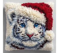 Animal Latch Hook Kit for Adults,White Tiger Wearing a Santa hat,DIY Latch Hook Cushion,Cross Stitch Embroidery Cushion Making Kits Home Decor,17x17in