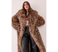 Animal Leopard Print Collared Faux Fur Longline Coat NastyGal Brown XS/S
