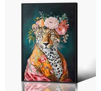 Animal Leopard Wall Art, Fashionista Cheetah Wall Art, Fun Colorful Floral Crown Leopard Canvas Poster, Funny Animal Tiger Portrait Painting, Jungle Animal Flowers Picture Print 12x16in Framed
