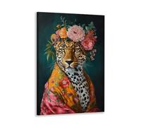 Animal Leopard Wall Art Fashions Pink Cheetah Wall Art Fun Colorful Floral Crown Leopard Poster Funny Animal Cheetah Portrait Painting Jungle Animal Flowers Picture Canvas Print 16x24inch Framed