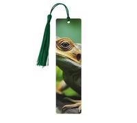 Animal Lizard Wooden Bookmarks 5 Pcs,Handmade Double-Sided Printed Book Marks Page Markers with Dark Green Tassels Book Accessories Gift for Book Lovers Women Men