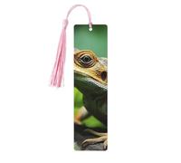 Animal Lizard Wooden Bookmarks 5 Pcs,Handmade Double-Sided Printed Book Marks Page Markers with Pink Tassels Book Accessories Gift for Book Lovers Women Men