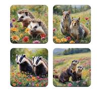 Animal Lover Coaster Set, 4 x Otter Badger Hedgehog Squirrel Wood Coffee Drinks Mats Gift