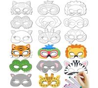 Animal Masks Set for Kids DIY, Including 10 PCS White Card Color-in Masks with 10 PCS Cords and 12 PCS Colorful Pens for Halloween Decorations Birthday Party Safari Jungle Forest Theme Dress-Up