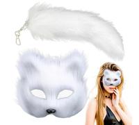 Animal Masquerade and Tail Set, Animal Cosplay Set for Girls | Cosplay Costume for Girls with Animal Tail | Half Hairy Animal Face Cover for a Short Party