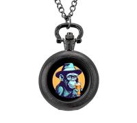Animal Monkey Chimpanzee Drinking Vintage Pocket Watch Alloy Pendant Watches Necklace Gift for Men Women Black-Style