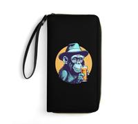 Animal Monkey Chimpanzee Drinking Wristlet Wallets for Men Women Leather Long Wallet Credit Card Clutch with Cord