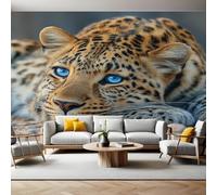 Animal Mural Wallpaper Brown Leopard with Blue Eyes Non-Woven Art Print 390 x 260cm Wall Murals Poster Picture Design Modern Decoration for Bedrooms Living Room Children Nursery