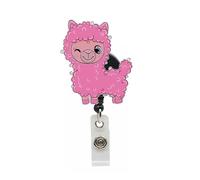 Animal Nurse Badge Reel with Beads- Flower Retractable ID Holder with Rotating Alligator Clip for Hospitals Doctors and Office Staff (Winking Llama)