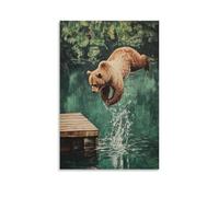 Animal Oil Painting - A Bear Doing A Flip Into A Lake from A Dock, Water Ripple Oil Details, Solid Pine Green Background Wall Art Mural Modern Decoration Hanging Art Poster 08x12inch(20x30cm)