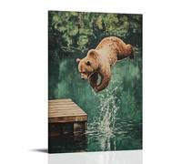 Animal Oil Painting - A Bear Doing A Flip Into A Lake from A Dock, Water Ripple Oil Details, Solid Pine Green Background Wall Art Mural Modern Decoration Hanging Art Poster 12x18inch(30x45cm)