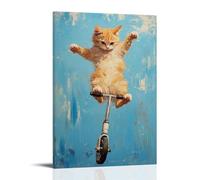 Animal Oil Painting - A Cat Flipping Mid-air on A Scooter, Expressive Brushwork, Minimalist Blue Background Wall Art Mural Modern Decoration Hanging Art Poster 08x12inch(20x30cm)