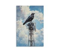 Animal Oil Painting- A Crow Climbing A Radio Tower during A Free-climb Urban Summit Race Wall Art Mural Modern Decoration Hanging Art Poster 08x12inch(20x30cm)