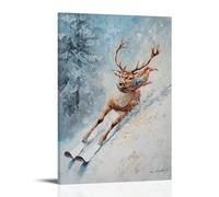 Animal Oil Painting - A Deer Skiing Down A Mountain with A Scarf Flying, Oil Texture Motion Blur, Flat Pale Blue Background Wall Art Mural Modern Decoration Hanging Art Poster 08x12inch(20x30cm)