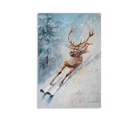 Animal Oil Painting - A Deer Skiing Down A Mountain with A Scarf Flying, Oil Texture Motion Blur, Flat Pale Blue Background Wall Art Mural Modern Decoration Hanging Art Poster 24x36inch(60x90cm)