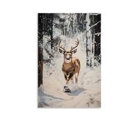 Animal Oil Painting - A Deer Snowmobiling through Icy Woods, Deep Oil Shadows And Motion Blur, Clean Winter White Backdrop Wall Art Mural Modern Decoration Hanging Art Poster 24x36inch(60x90cm)