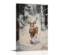 Animal Oil Painting - A Deer Snowmobiling through Icy Woods, Deep Oil Shadows And Motion Blur, Clean Winter White Backdrop Wall Art Mural Modern Decoration Hanging Art Poster 16x24inch(40x60cm)