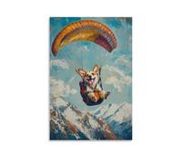 Animal Oil Painting - A Dog Paragliding over Mountain Ranges with A Big Smile, Oil Sky Textures, Clean Light Blue Background Wall Art Mural Modern Decoration Hanging Art Poster 20x30inch(50x75cm)
