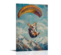 Animal Oil Painting - A Dog Paragliding over Mountain Ranges with A Big Smile, Oil Sky Textures, Clean Light Blue Background Wall Art Mural Modern Decoration Hanging Art Poster 12x18inch(30x45cm)