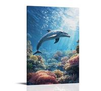 Animal Oil Painting - A Dolphin Doing Synchronized Flips Above Coral Reefs, Light Catching Oil Shimmer, Soft Blue Backdrop Wall Art Mural Modern Decoration Hanging Art Poster 12x18inch(30x45cm)