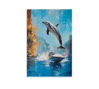 Animal Oil Painting - A Dolphin Jumping from A Speedboat Into A Canyon River, Majestic Dynamic Oil Style, Flat Water Blue Background Wall Art Mural Modern Decoration Hanging Art Poster 24x36inch(60x90