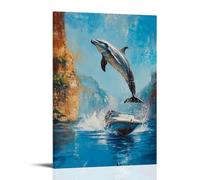 Animal Oil Painting - A Dolphin Jumping from A Speedboat Into A Canyon River, Majestic Dynamic Oil Style, Flat Water Blue Background Wall Art Mural Modern Decoration Hanging Art Poster 12x18inch(30x45