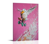 Animal Oil Painting - A Duck Flying Off A Jump Ramp on Rollerblades, Comic Splash in Oil, Clean Bubblegum Pink Background Wall Art Mural Modern Decoration Hanging Art Poster 16x24inch(40x60cm)