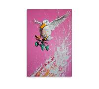 Animal Oil Painting - A Duck Flying Off A Jump Ramp on Rollerblades, Comic Splash in Oil, Clean Bubblegum Pink Background Wall Art Mural Modern Decoration Hanging Art Poster 24x36inch(60x90cm)