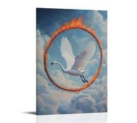 Animal Oil Painting- A Swan Flying through Flaming Hoops in A Sky Circus Above The Clouds Decorative Modern Mural - Wall Art Hanging Poster 12x18inch(30x45cm)