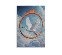 Animal Oil Painting- A Swan Flying through Flaming Hoops in A Sky Circus Above The Clouds Decorative Modern Mural - Wall Art Hanging Poster 16x24inch(40x60cm)