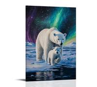 Animal Oil Painting - Arctic Majesty- A Polar Bear Mother And Cub Walking Across The Frozen Tundra Under The Shimmering Northern Lights Decorative Modern Mural - Wall Art Hanging Poster 12x18inch(30x4