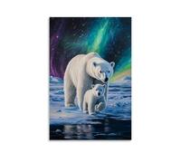 Animal Oil Painting - Arctic Majesty- A Polar Bear Mother And Cub Walking Across The Frozen Tundra Under The Shimmering Northern Lights Decorative Modern Mural - Wall Art Hanging Poster 20x30inch(50x7
