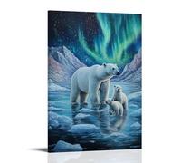 Animal Oil Painting - Arctic Majesty- A Polar Bear Mother And Cubs Walking Across Ice Floes Under The Northern Lights Contemporary Hanging Wall Art - Decorative Mural Design16x24inch(40x60cm)