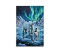 Animal Oil Painting - Arctic Majesty- A Polar Bear Mother And Cubs Walking Across Ice Floes Under The Northern Lights Contemporary Hanging Wall Art - Decorative Mural Design12x18inch(30x45cm)