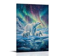 Animal Oil Painting - Arctic Majesty- A Polar Bear Mother And Cubs Walking Across Ice Floes Under The Northern Lights Contemporary Hanging Wall Art - Decorative Mural Design20x30inch(50x75cm)