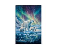 Animal Oil Painting - Arctic Majesty- A Polar Bear Mother And Cubs Walking Across Ice Floes Under The Northern Lights Contemporary Hanging Wall Art - Decorative Mural Design24x36inch(60x90cm)
