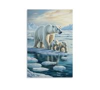Animal Oil Painting - Arctic Majesty- A Powerful Polar Bear Mother Leading Her Cubs Across Melting Ice Floes, Their White Fur Glowing Against The Blue Arctic Landscape Stylish Wall Hanging Art - Decor