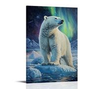 Animal Oil Painting - Arctic Majesty- A Powerful Polar Bear Standing on Ice Floes, with The Aurora Borealis Reflecting in Its Watchful Eyes Stylish Wall Hanging Art - Decorative Poster Mural08x12inch(