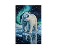 Animal Oil Painting - Arctic Majesty- A Powerful Polar Bear Standing on Ice Floes, with The Aurora Borealis Reflecting in Its Watchful Eyes Modern Hanging Wall Decor - Artistic Mural Print12x18inch(30