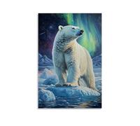 Animal Oil Painting - Arctic Majesty- A Powerful Polar Bear Standing on Ice Floes, with The Aurora Borealis Reflecting in Its Watchful Eyes Stylish Wall Hanging Art - Decorative Poster Mural12x18inch(