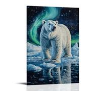 Animal Oil Painting - Arctic Majesty- A Powerful Polar Bear Standing on Ice Floes, with The Aurora Borealis Reflecting in Its Watchful Eyes Modern Hanging Wall Decor - Artistic Mural Print24x36inch(60